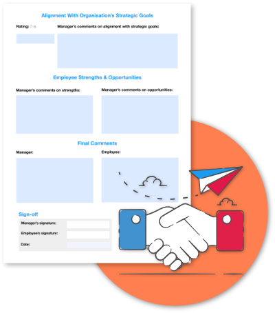 Simplified HR performance review template highlighting engagement, ease of use, and alignment with organisational goals for efficient completion rates.